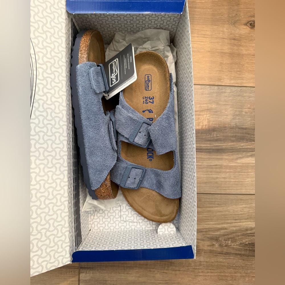 Birkenstock Arizona Sandals - Elemental Blue, Suede, soft footbed, size 37